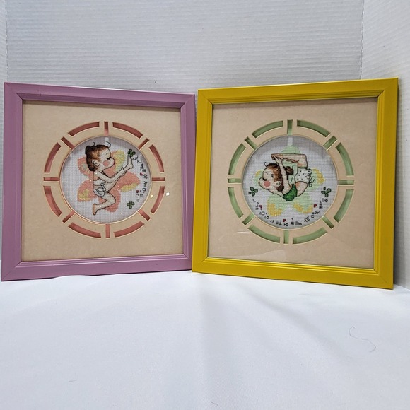 Dancing Ballerina Gymnast Girls Vintage Handmade Framed Cross Stitch Needlepoint - Picture 1 of 9